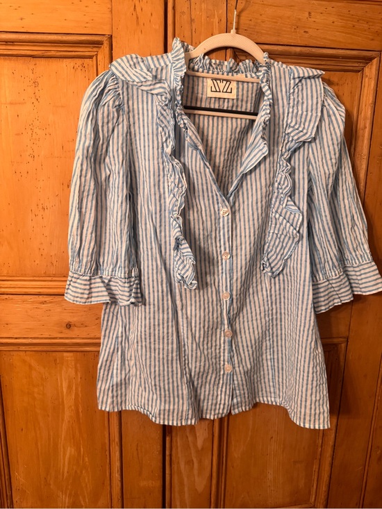 Sz Blockprints Tops - Striped Ruffle-Trim Button Down Shirt in Light Blue